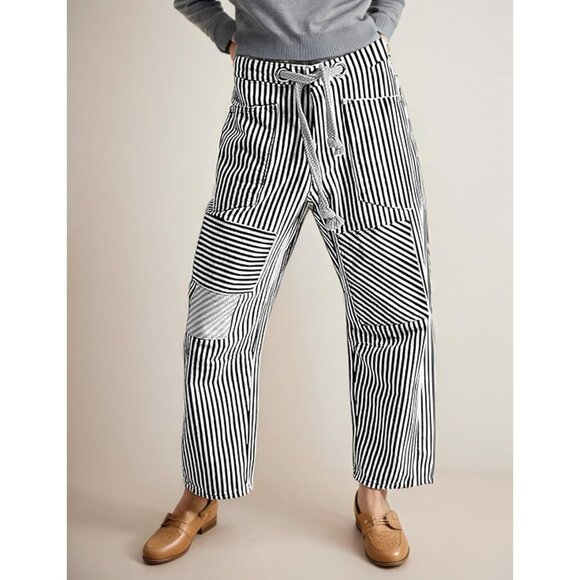 Women’s Wide Leg Denim Jeans Striped Patchwork Boyfriend Style Casual - Picture 3 of 5